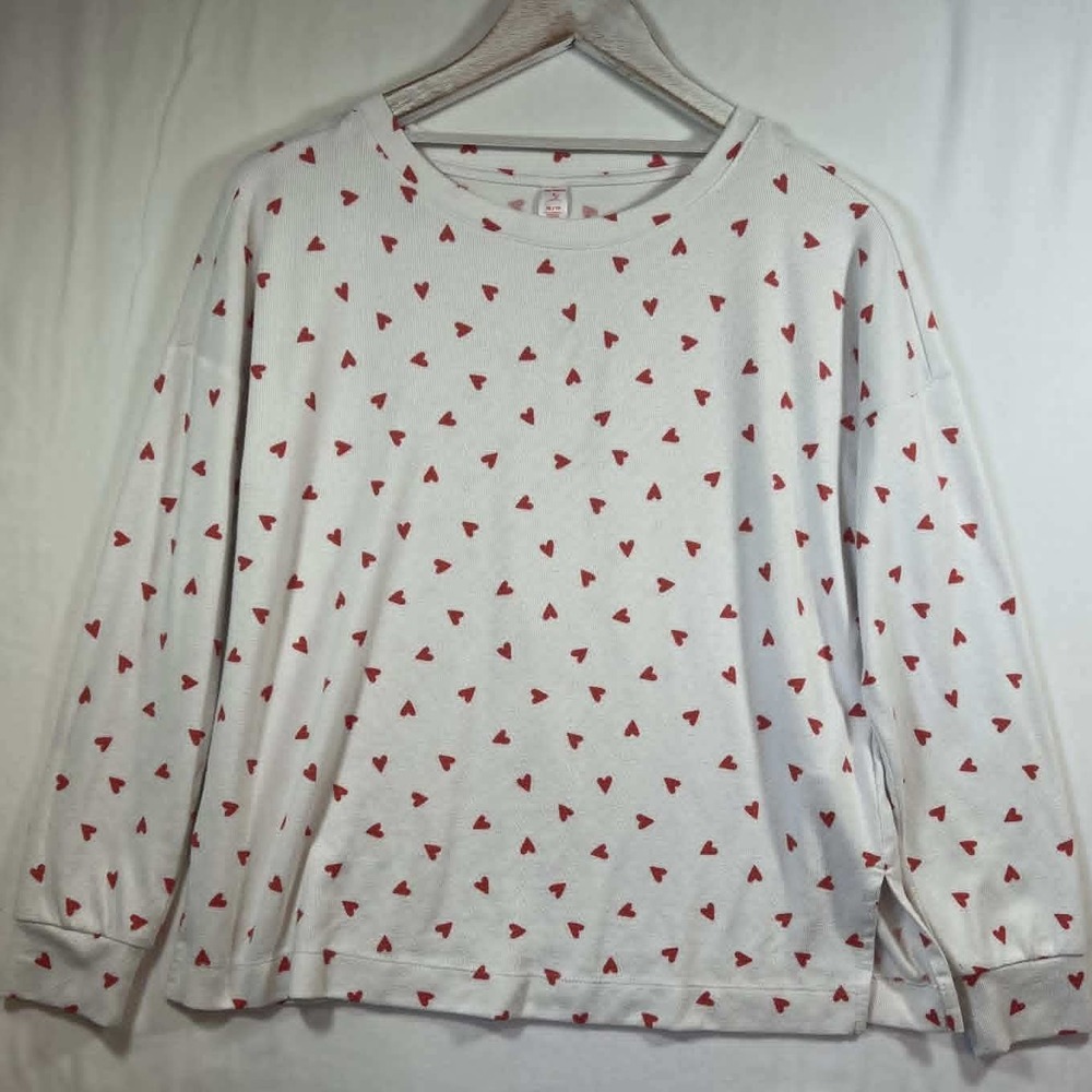 Joe Fresh Jillian Harris Heart Print Long Sleeve Top White Red XS TP CA15372